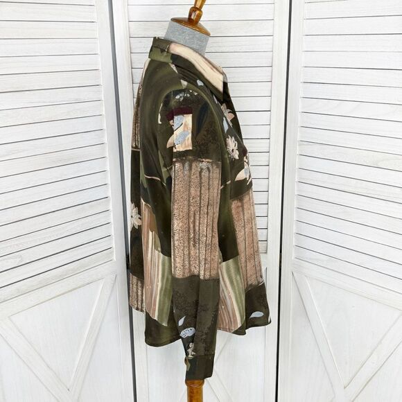 Vintage Dress Barn Printed Button Front Blouse Shirt Olive Tan Small - Picture 3 of 10